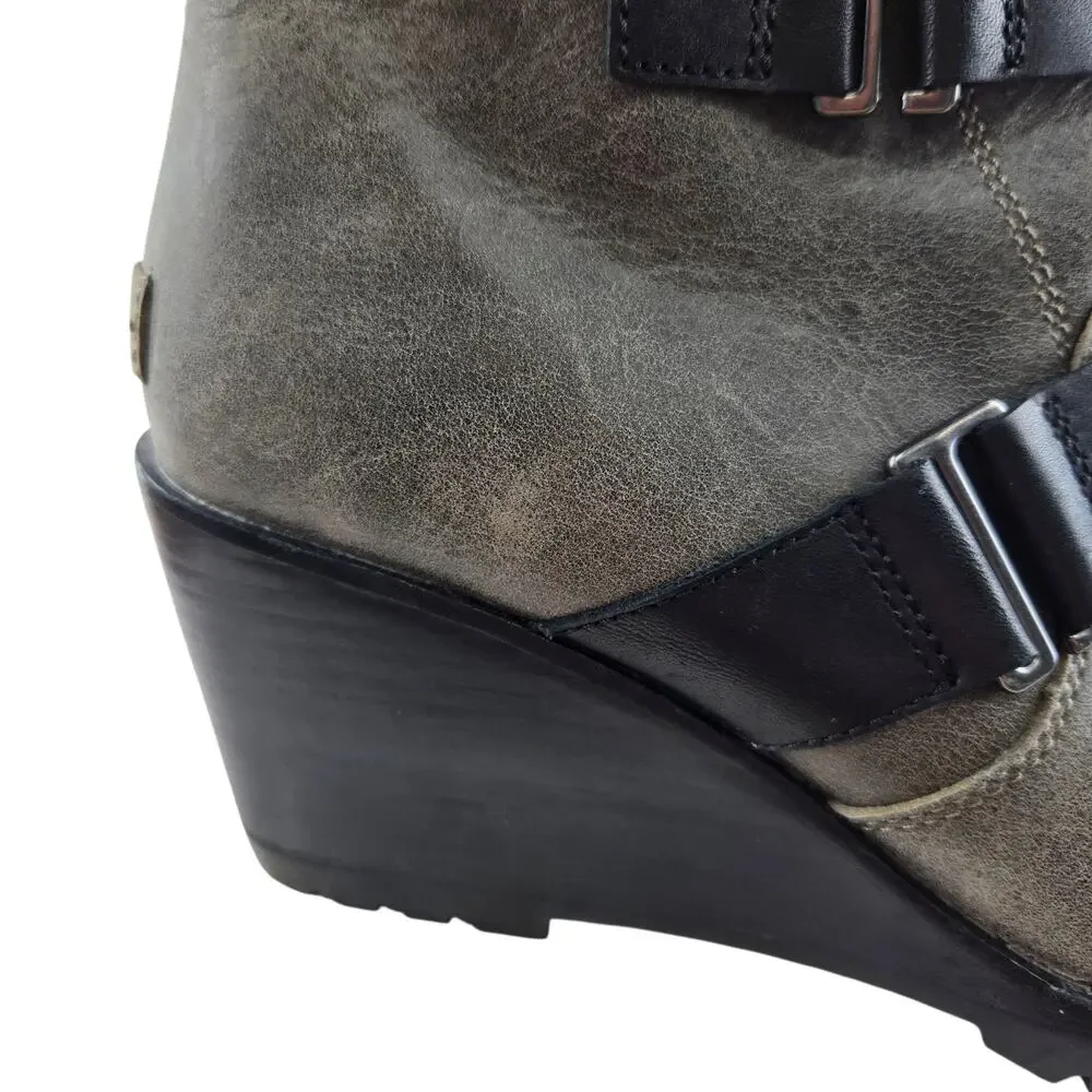 Sorel After Hours Wedge Booties Womens 10 Gray Black Leather Moto Biker Mid Calf